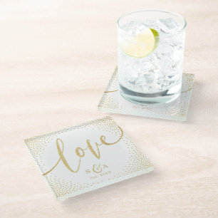 Editable glam faux gold glitter calligraphy love glass coaster