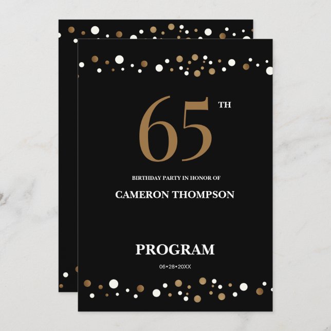 Editable Gold and Black confetti 65th birthday   Program (Front/Back)