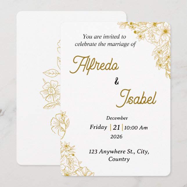 Editable Gold Floral Wedding Invitation Template (Front/Back)