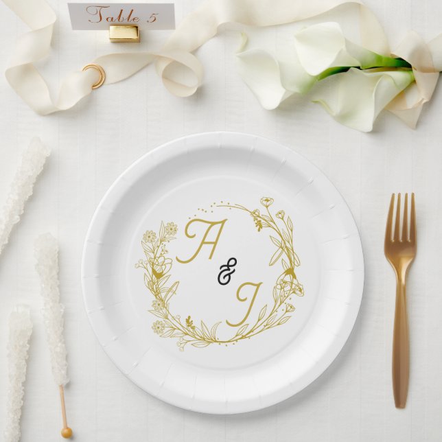 Editable Gold Floral Wedding  Paper Plate (Wedding)
