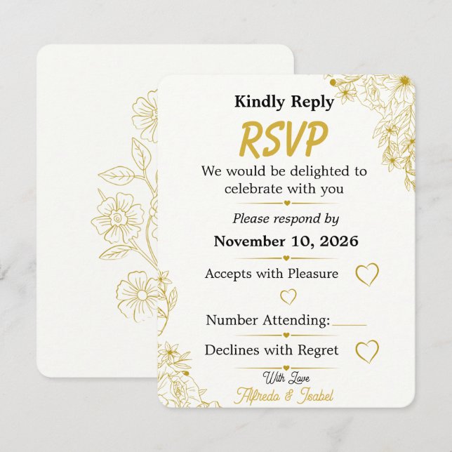 Editable Gold Floral Wedding RSVP Invitation (Front/Back)