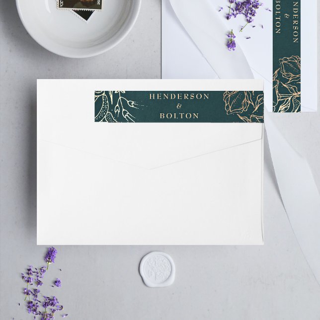 Editable Gold Foil & Emerald Green Wreath Wedding Wrap Around Label (Creator Uploaded)