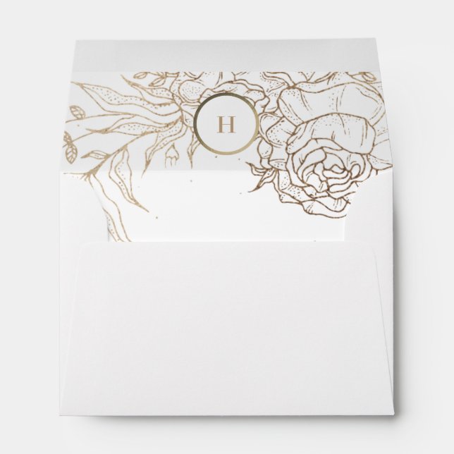 Editable Gold & White Monogram Wreath Wedding Envelope (Back (Bottom))