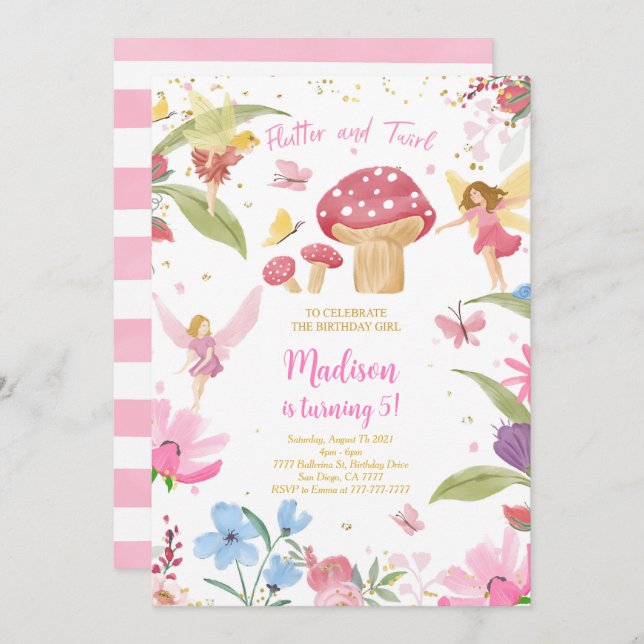 Editable Golden Fairy Birthday  Invitation (Front/Back)
