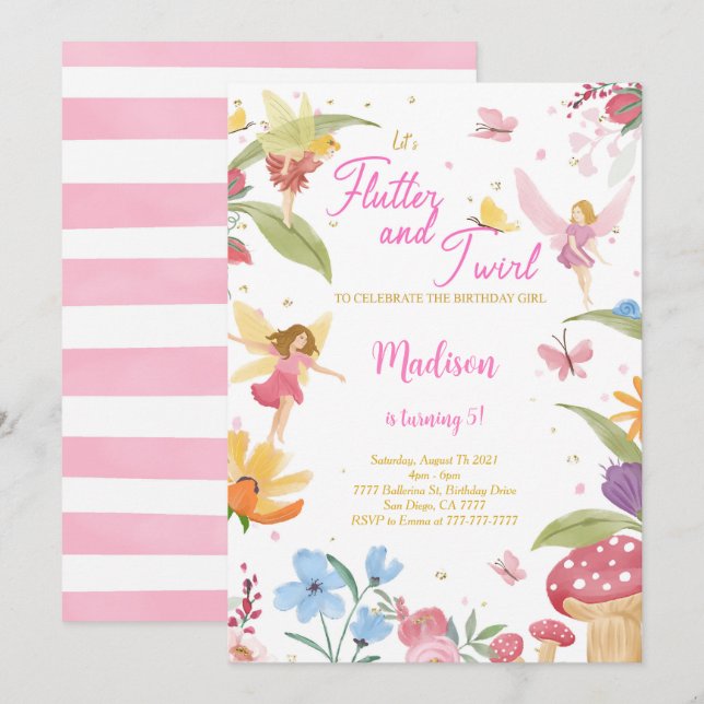 Editable Golden Fairy Birthday Party  Invitation (Front/Back)