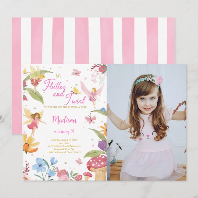 Editable Golden Fairy Birthday Party Photo Invitation (Front/Back)