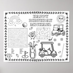 Editable golf birthday colouring mat poster