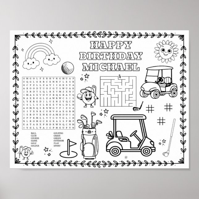 Editable golf birthday colouring mat  poster (Front)
