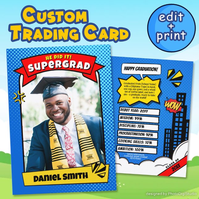 Editable Graduate Trading Card, Super Grad Comic  Calling Card (Editable Graduate Trading Card, Super Grad Comic Announcement Card)