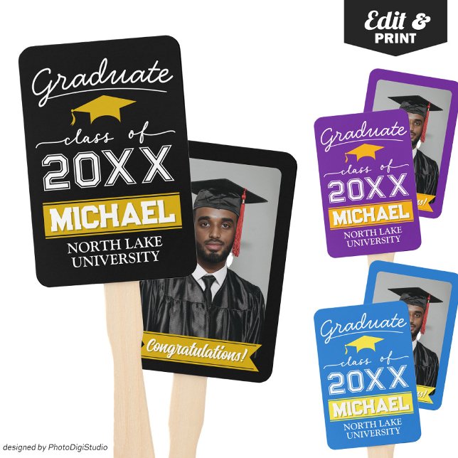 Editable Graduation Hand Fan with Name & School (Editable Graduation Hand Fan with Name & School, Custom Black Gold Hand Fan for Graduation Ceremony )