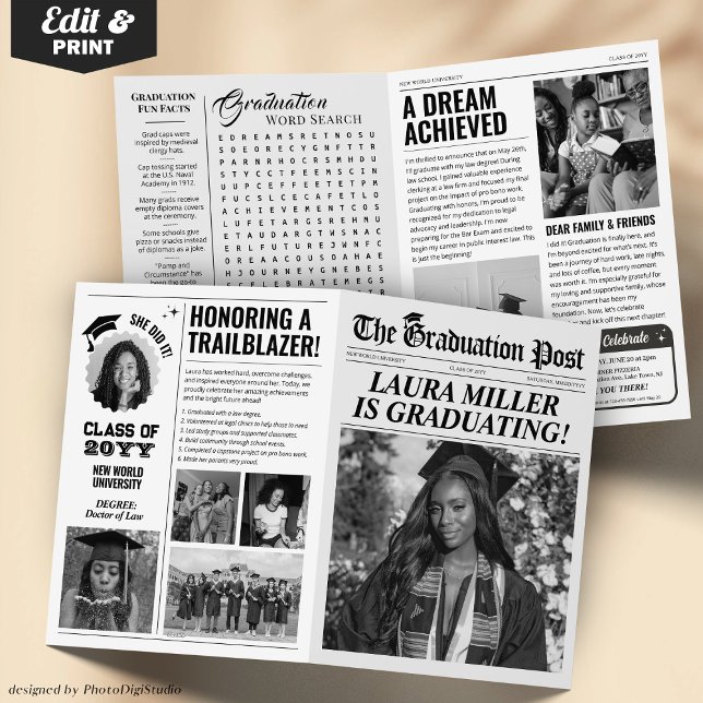 Editable Graduation Newspaper Announcement Invite (Editable Graduation Newspaper Announcement 4 pages card print, Unique Graduation Invite with Photos)