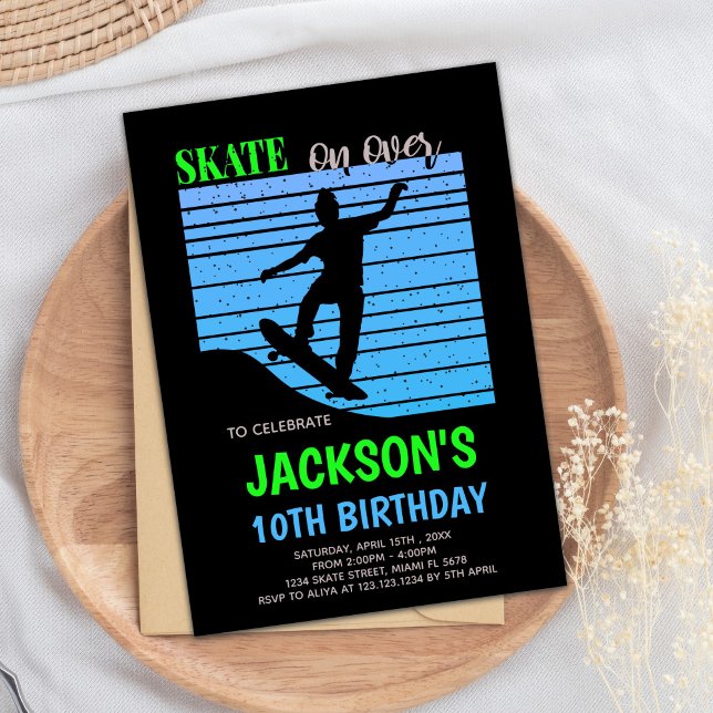 Editable Green & Blue Skater Party Invite (Green Blue Skateboards Birthday Invitations)