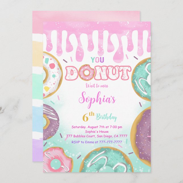 Editable Green Doughnut Birthday Party Invitation (Front/Back)