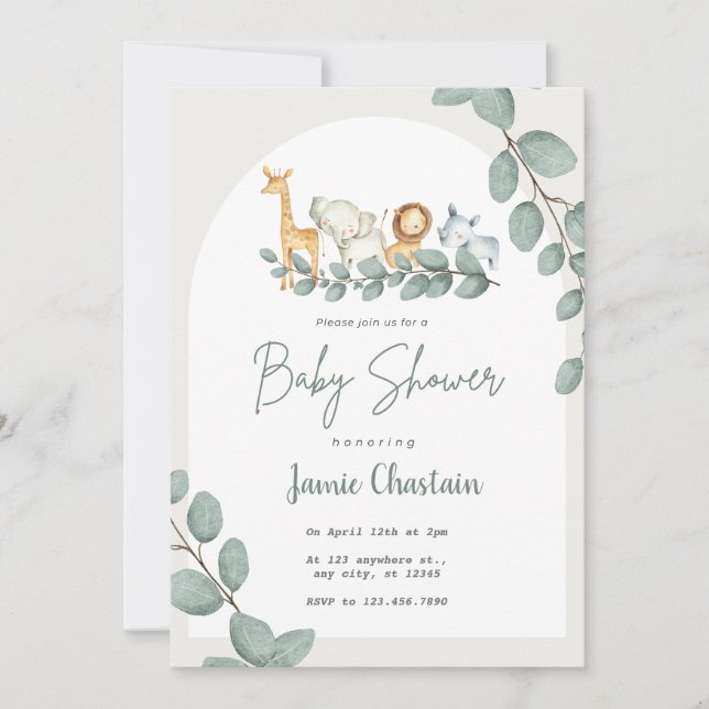 Editable Greenery Baby Shower Invitation for Boy  (Front)