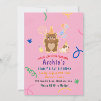 Editable Greenery Bear Birthday Invitation