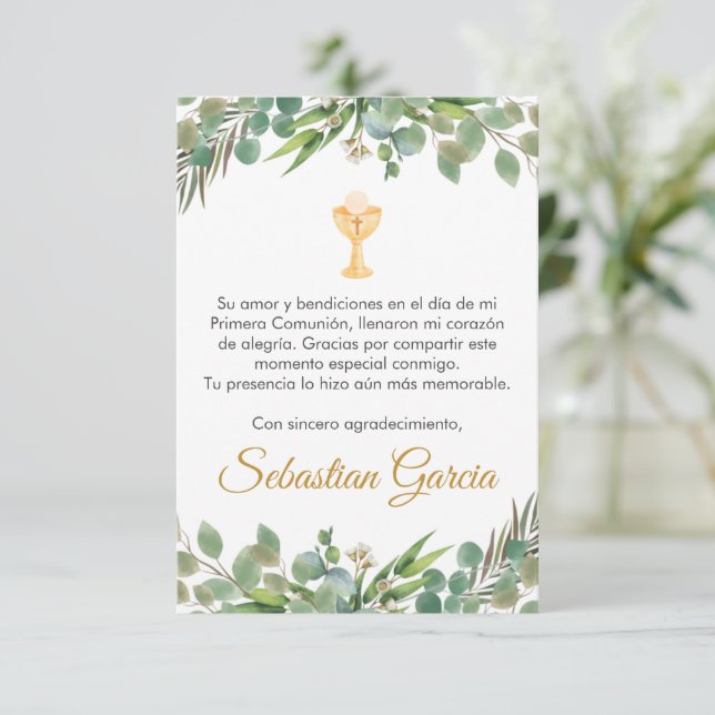Editable Greenery First Communion in Spanish Cute Thank You Card (Standing Front)