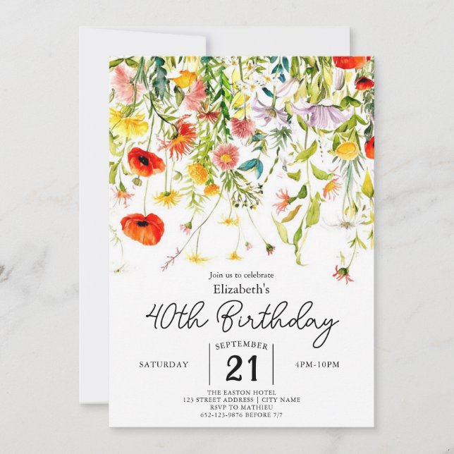 Editable Greenery Wildflowers 40th birthday Invitation (Front)