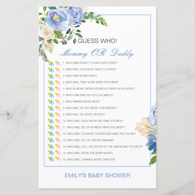 Editable Guess Who, Mum or Dad Baby Shower Game (Front)