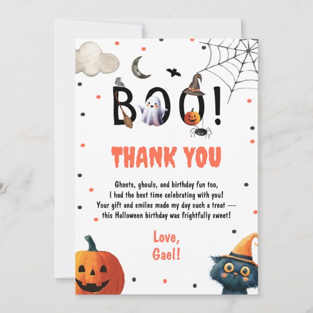 Editable Halloween Birthday Boy Party Thank Boo Thank You Card (Front)