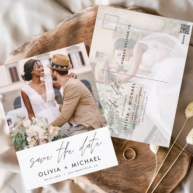 Editable Hand Lettered White Save the Date Photo Postcard (Creator Uploaded)