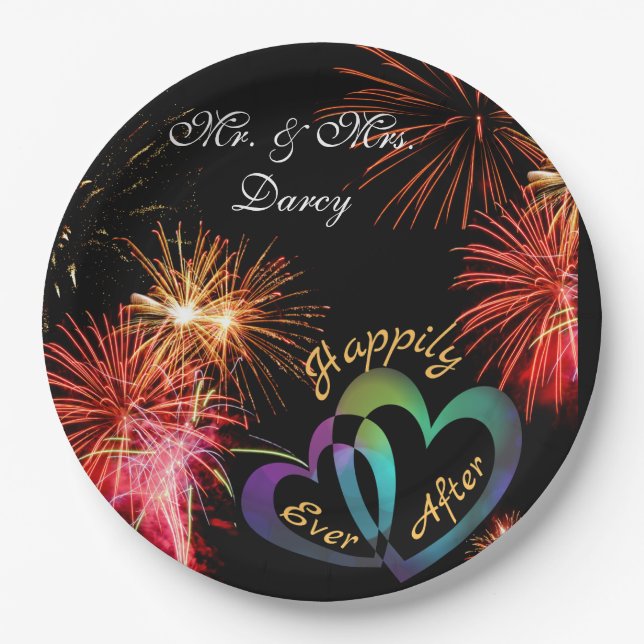 Editable - Happily Ever After with Fireworks Paper Plate (Front)