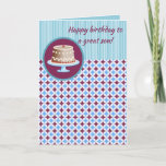 Editable Happy Birthday Son Card<br><div class="desc">This editable birthday card features a tile design on the bottom half and a blue striped design on the top half. About a third of the way down is a disc with a picture of a birthday cake. There is an editable message on the front as well as an editable...</div>