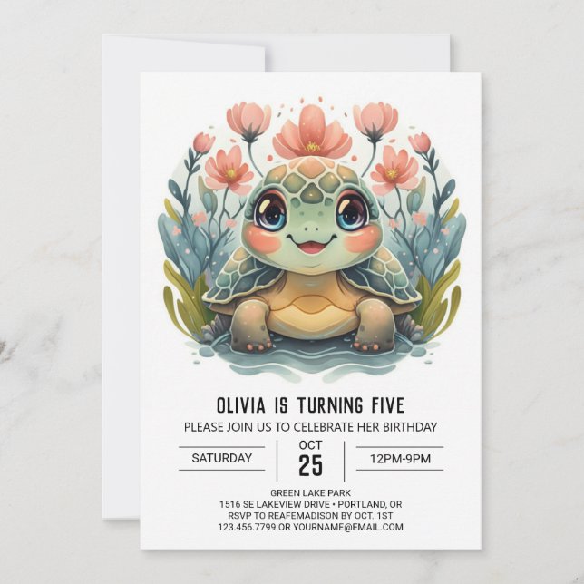 Editable Happy Turtle Girl Birthday Invitation (Front)