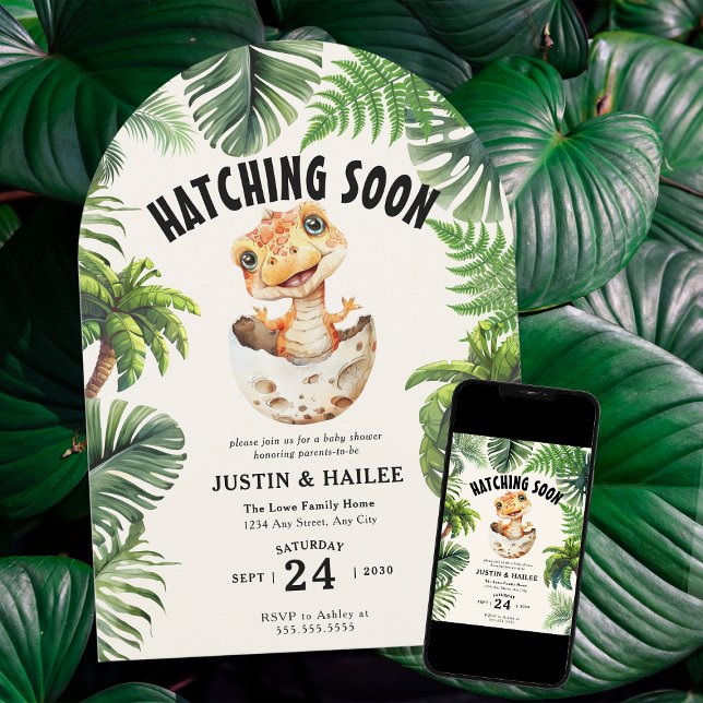  Editable Hatching Soon Dinosaur Baby Shower Invitation (Creator Uploaded)