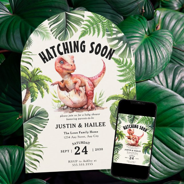  Editable Hatching Soon Dinosaur Baby Shower Invitation (Creator Uploaded)
