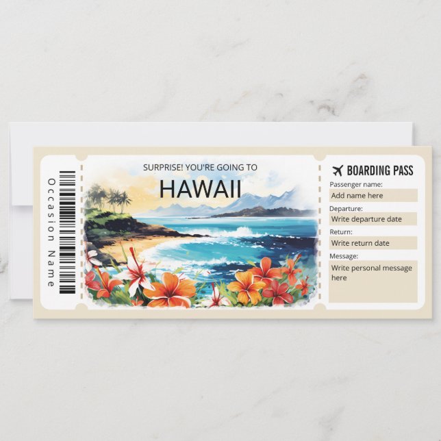 Editable Hawaii Plane Boarding Pass Ticket Invitation (Front)