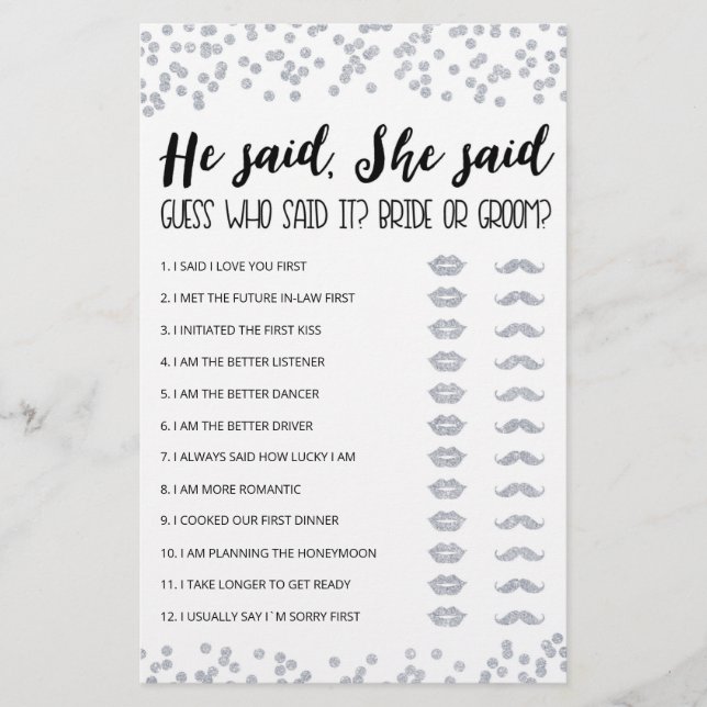 Editable He said, She said Bridal Shower game (Front)