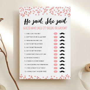 Editable He said, She said Bridal Shower game Card