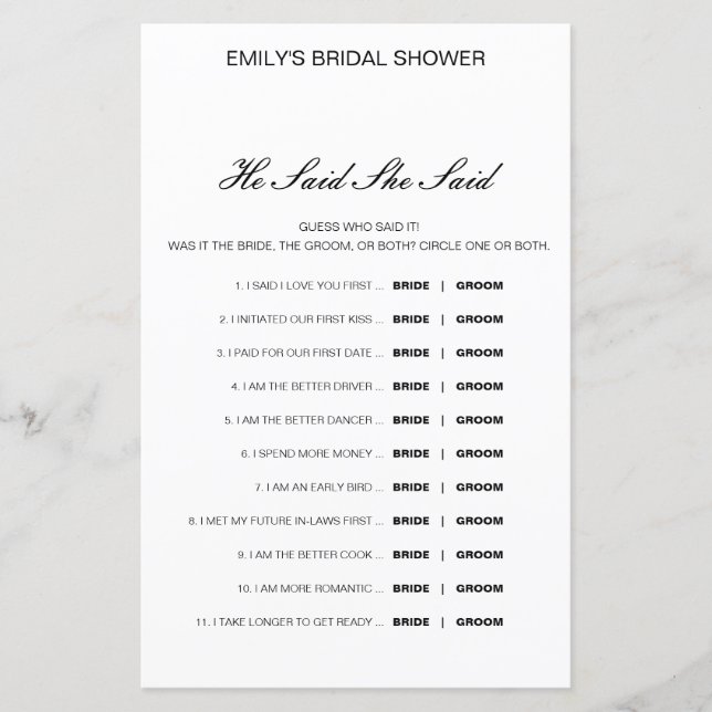 Editable He Said She Said Wedding Shower Game (Front)