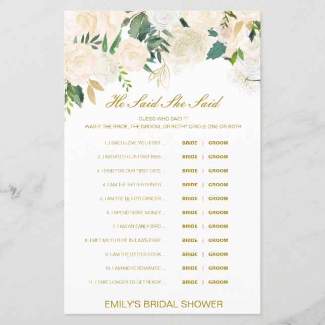 Editable He Said She Said Wedding Shower Game (Front)