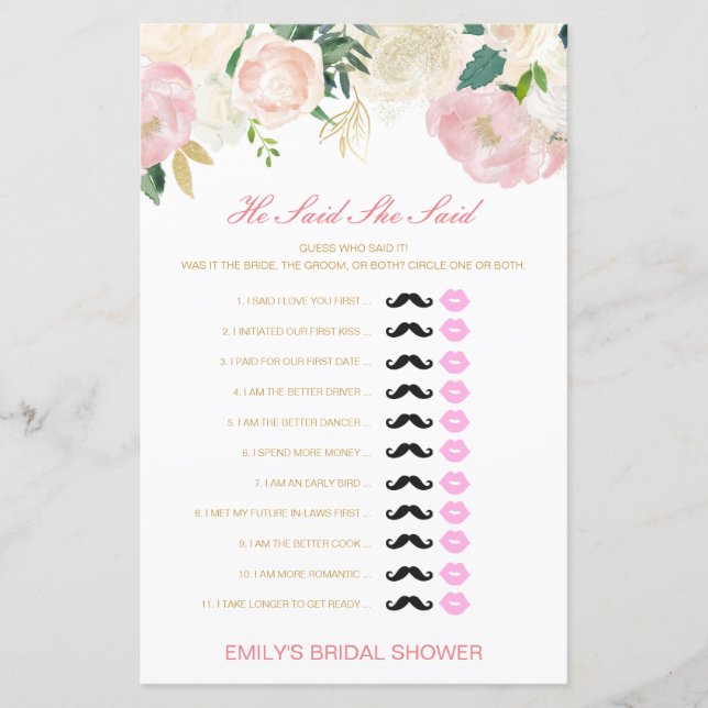 Editable He Said She Said Wedding Shower Game (Front)