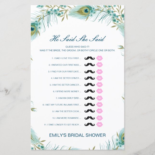 Editable He Said She Said Wedding Shower Game (Front)