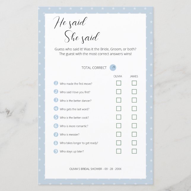 Editable He Said She Said Wedding Shower Game, (Front)