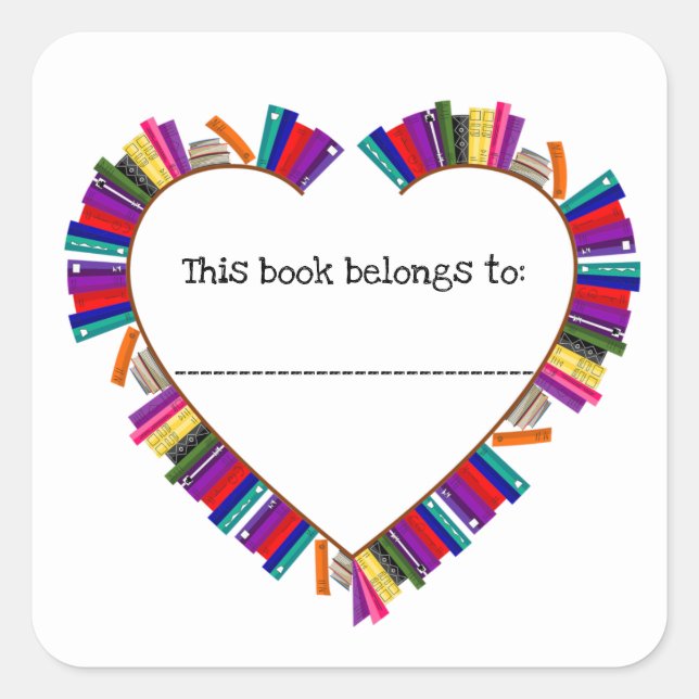 Editable Heart Shape With Books Bookplate Square Sticker (Front)
