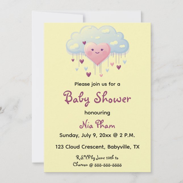 Editable Hearts and Cloud Baby Shower Invitation (Front)