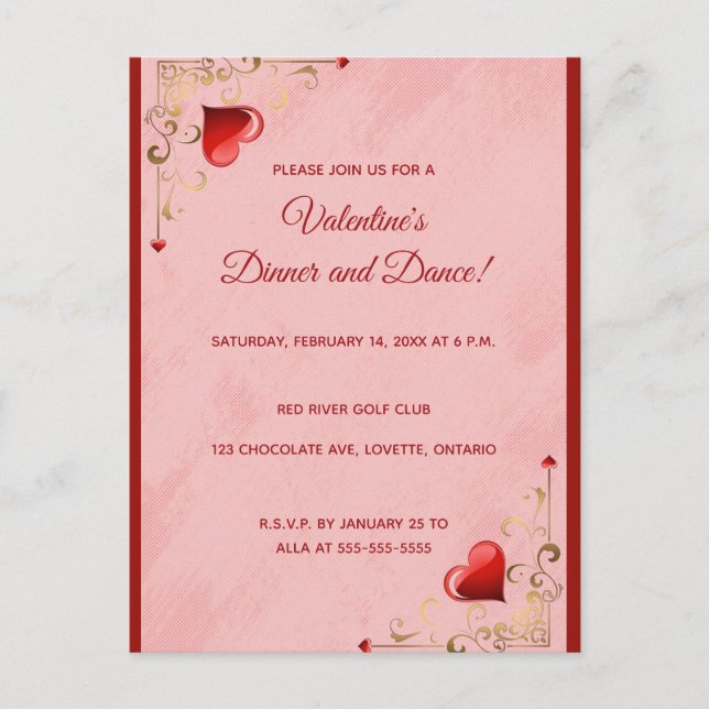 Editable Hearts and Flourish Valentine's Day   Invitation Postcard (Front)