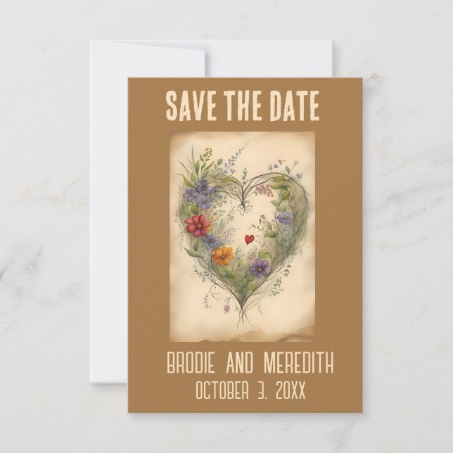 Editable Hearts Vines and Flowers Romantic Save The Date (Front)