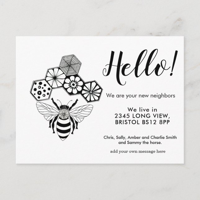 Editable Hello Neighbour,  New Address, Bee Announcement Postcard (Front)