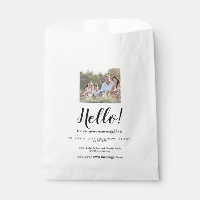 Editable Hello Neighbour,  New Address, intro Favour Bag (Front)