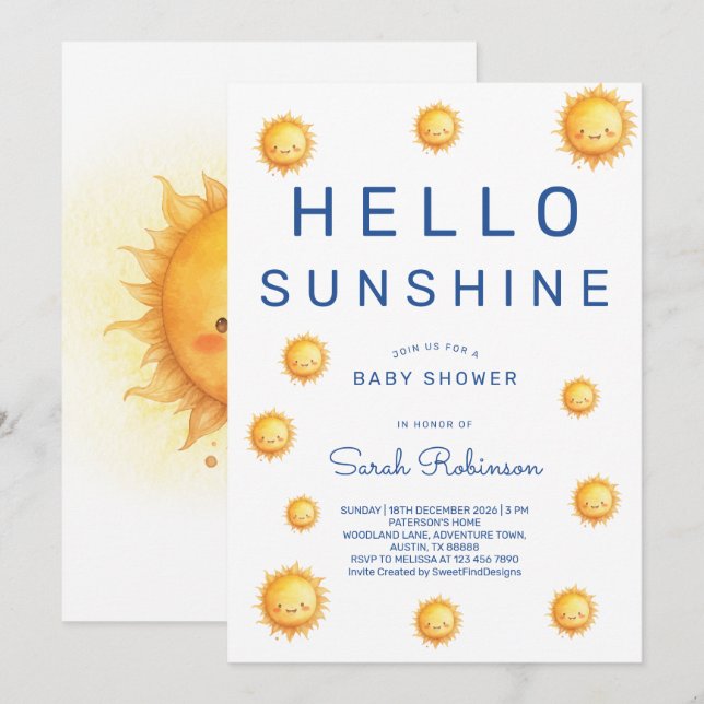 Editable Hello Sunshine Baby Shower Invitation (Front/Back)