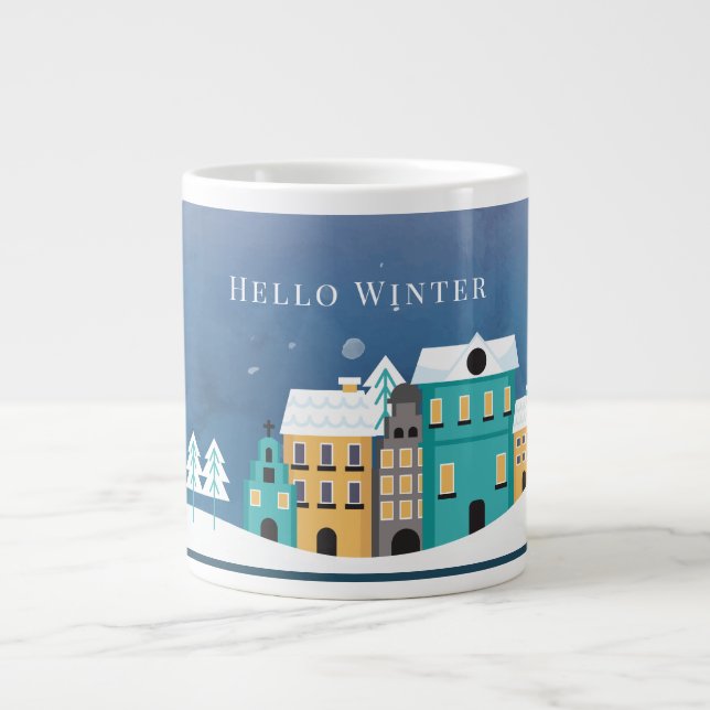 Editable "Hello Winter" Night Village Scene Large Coffee Mug (Front)