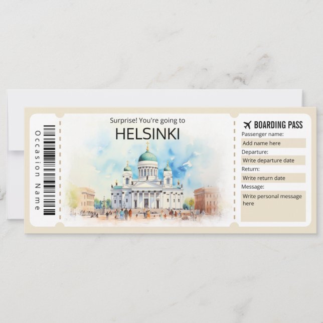Editable Helsinki Plane ticket, Finland Trip Invitation (Front)