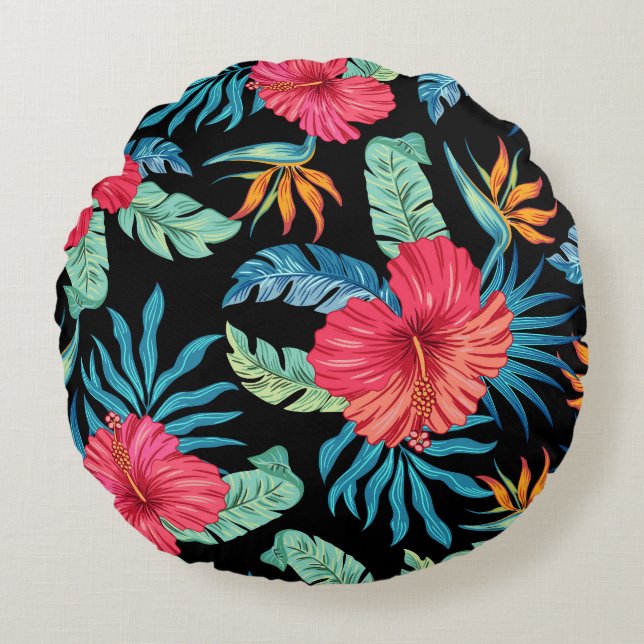 Editable hibiscus, vintage floral pattern round cushion (Front)