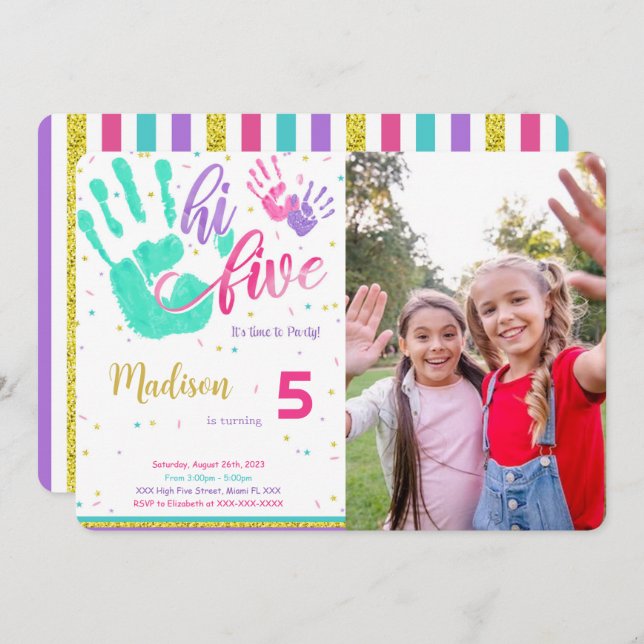 Editable High Five Birthday Photo Invitation (Front/Back)