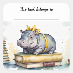 Editable Hippo and Books Bookplate Sticker