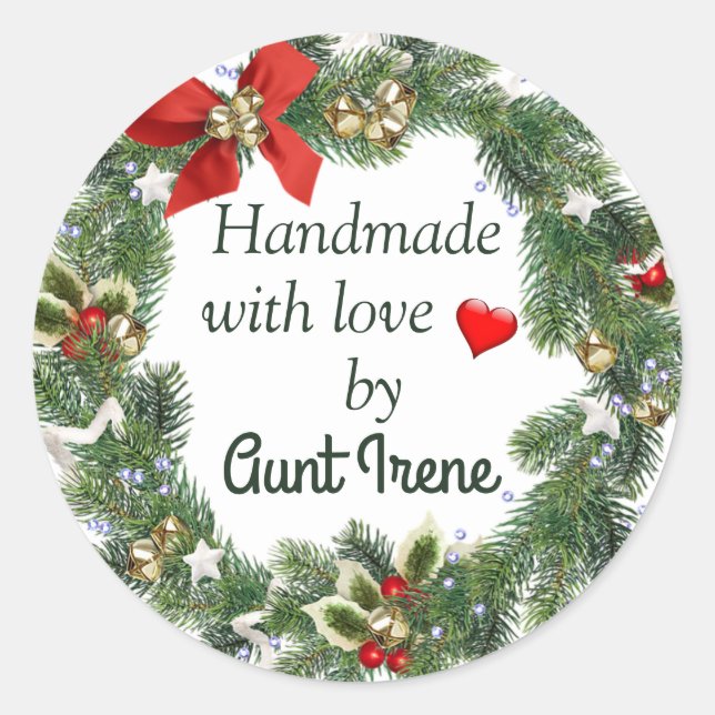 Editable Holiday Wreath Handmade With Love Classic Round Sticker (Front)